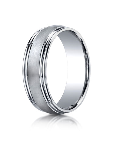 Benchmark 14K White Gold 7.5mm Comfort-Fit Satin-Finished Double Round Edge Carved Design Wedding Band