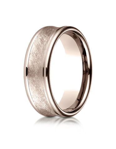 Benchmark 14K Rose Gold 7.5mm Comfort-Fit Swirled Finish Center Round Edge Design Wedding Band Ring