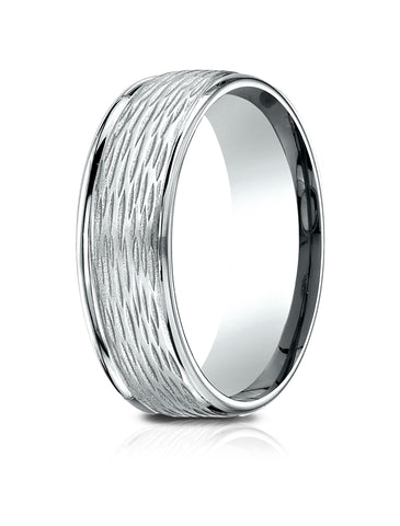 Benchmark 14K White Gold 7.5mm Comfort-Fit Round Edge Birch Bark Center, (Size 4-14)