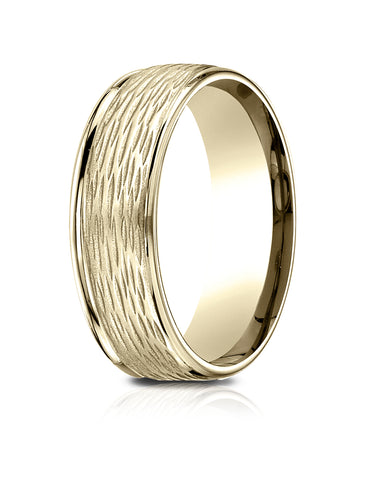 Benchmark 18K Yellow Gold 7.5mm Comfort-Fit Round Edge Birch Bark Center, (Size 4-14)