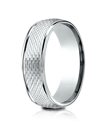 Benchmark 18K White Gold 7.5mm Comfort-Fit Round Edge Mesh Center Design Band, (Size 4-14)
