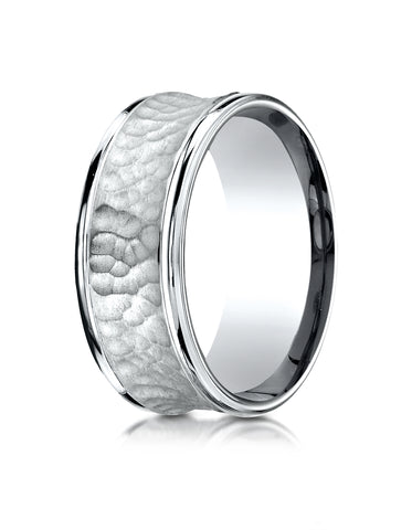 Benchmark Argentium Silver 9mm Comfort-Fit Hammered Center Round Edge Design Band, (Size 6-15)