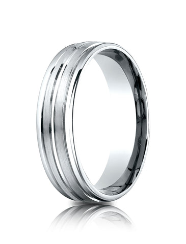 Benchmark 14k White Gold 6.5mm Comfort-Fit Satin-Finished, Polished Center & Round Edge Carved Design Band