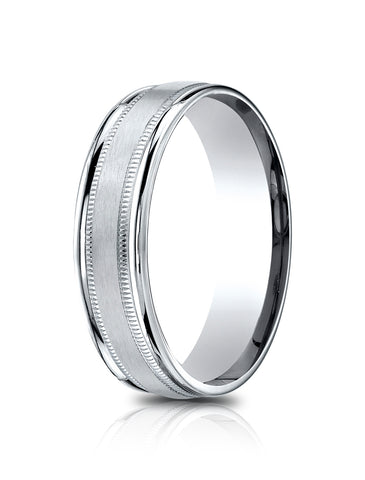 Benchmark 14k White Gold 6.5mm Comfort-Fit Satin Finish Center w/ Milgrain Round Edge Carved Design Band