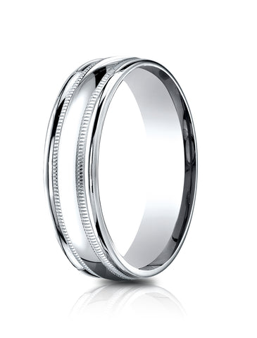 Benchmark 14k White Gold 6.5mm Comfort-Fit, Polished with Milgrain Round Edge Carved Design Band