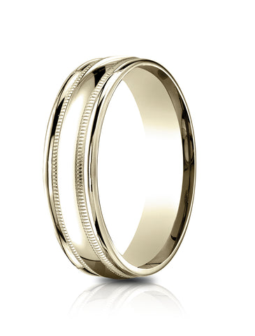 Benchmark 14k Yellow Gold 6.5mm Comfort-Fit, Polished with Milgrain Round Edge Carved Design Band