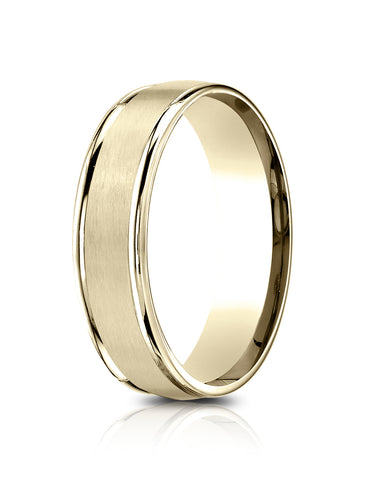 Benchmark 14k Yellow Gold 6.5mm Comfort-Fit Satin Finish, Polished Round Edge Carved Design Band
