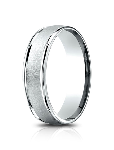 Benchmark 14k White Gold 6.5mm Comfort-Fit Wired-Finished, Polished Round Edge Carved Design Band