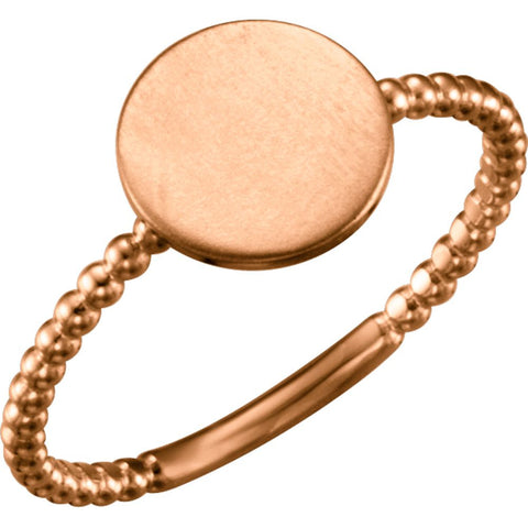14k Rose Gold Round Engravable Beaded Ring , Size 7