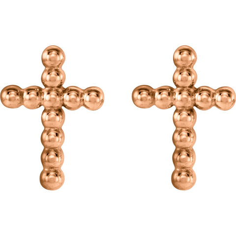 14k Rose Gold Beaded Cross Earrings