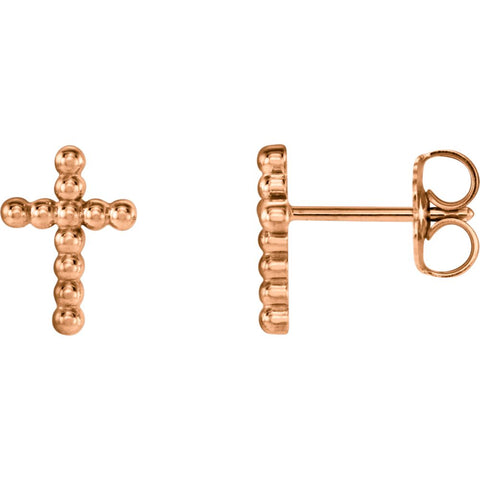 Beaded Cross Earrings in 14K Rose Gold
