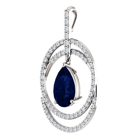 14k White Gold Chatham® Created Blue Sapphire & 1/2 CTW Diamond Pendant