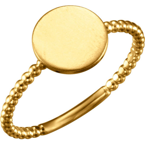 14k Yellow Gold Round Engravable Beaded Ring , Size 7