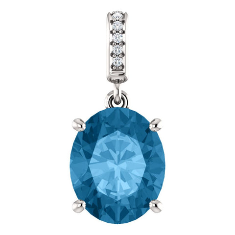 14k White Gold 11x9mm Swiss Blue Topaz & Diamond Necklace