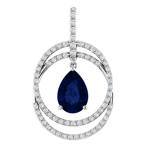 14k White Gold Chatham® Created Blue Sapphire & 1/2 CTW Diamond Pendant