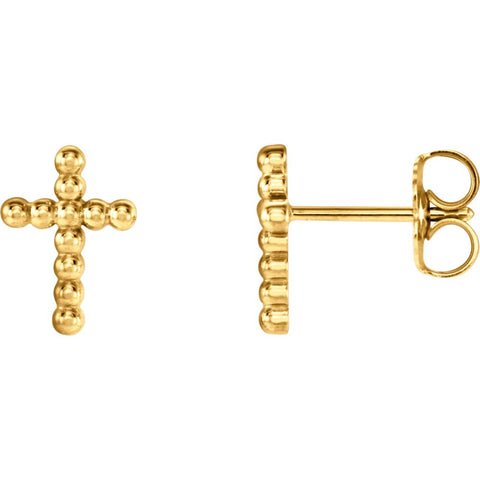 14k Yellow Gold Beaded Cross Earrings