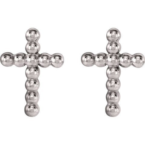 14k White Gold Beaded Cross Earrings