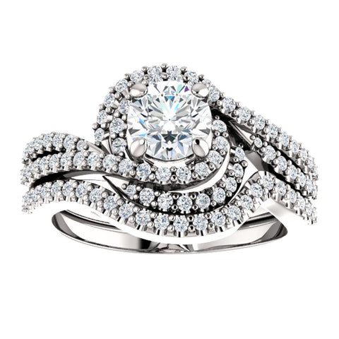 14k White Gold 5.8mm Round Accented Engagement Ring Mounting, Size 7