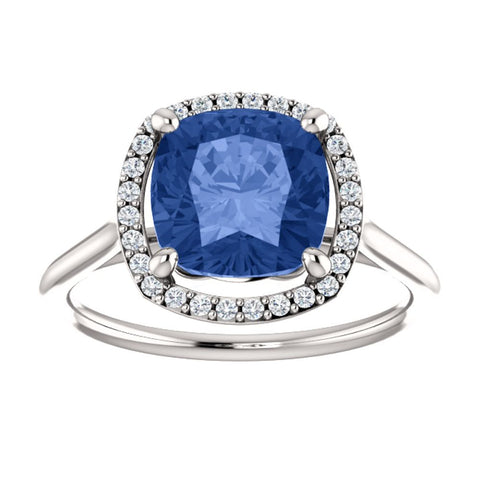 14k White Gold Blue Sapphire & 1/6 CTW Diamond Ring, Size 7