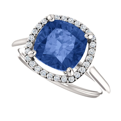 14k White Gold Blue Sapphire & 1/6 CTW Diamond Ring, Size 7