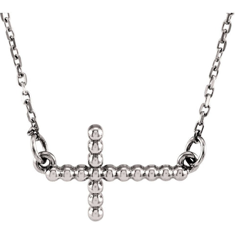 14k White Gold 12.05x19.5mm Sideways Beaded Cross 16.5" Necklace