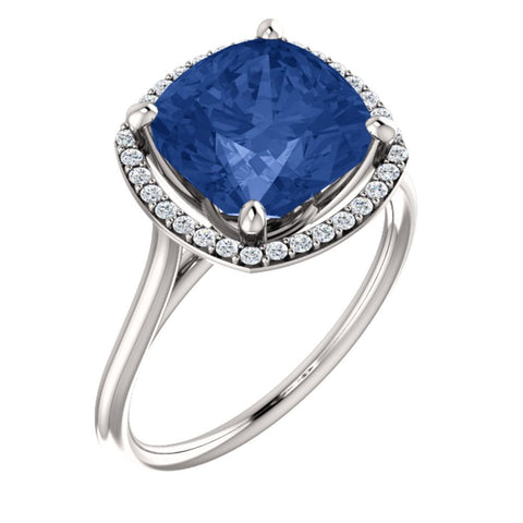 14k White Gold Blue Sapphire & 1/6 CTW Diamond Ring, Size 7