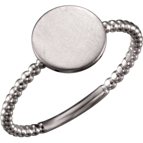 14k White Gold Round Engravable Beaded Ring , Size 7