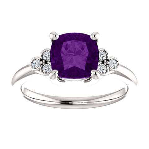 14k White Gold 7x7mm Genuine Amethyst & 1/6 CTW Diamond Ring, Size 7