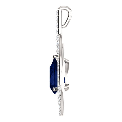 14k White Gold Chatham® Created Blue Sapphire & 1/2 CTW Diamond Pendant