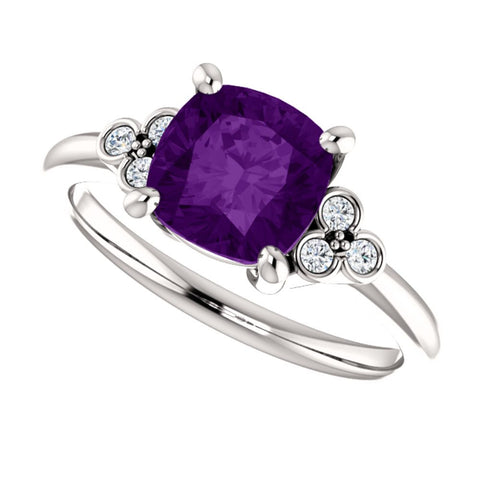 14k White Gold 7x7mm Genuine Amethyst & 1/6 CTW Diamond Ring, Size 7