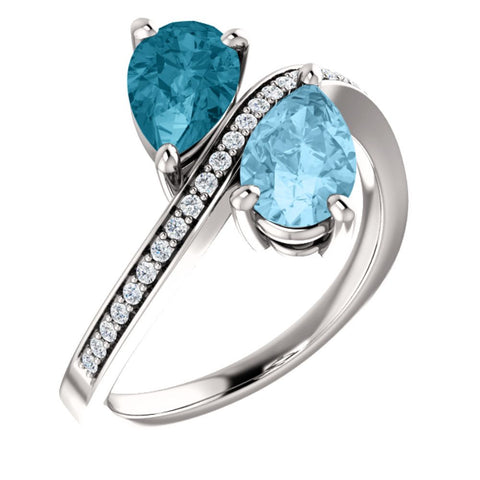 14k White Gold Aquamarine, London Blue Topaz & 1/8 CTW Diamond Ring, Size 7