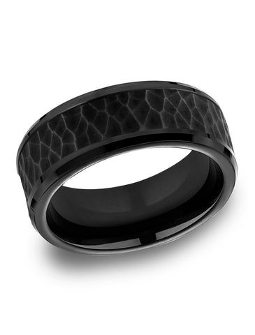 Benchmark-Black-Titanium-8mm-Comfort-Fit-Ring-with-Black-Cobalt-Hammered-Finish-Center--Size-7--CF68985BKT07