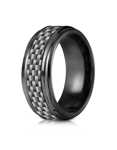 Benchmark Black Titanium 7mm Comfort-Fit Beveled Edge Pattern Design Ring, (Sizes 6-14)