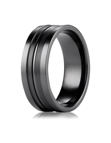 Benchmark Black Titanium 8mm Comfort-Fit w/  High Polish Center Cut Squared Edge Carved Design Band Ring