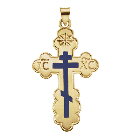 14k Yellow Gold 40x26mm Orthodox Cross Pendant with Blue Enamel