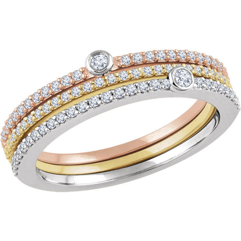 14K White, Yellow & Rose Gold 3/8 CTW Diamond Set of 3 Stackable Rings, Size 7