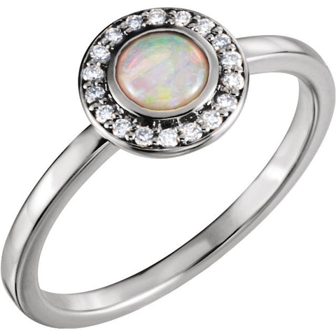 14k White Gold Opal & .08 CTW Diamond Ring , Size 7
