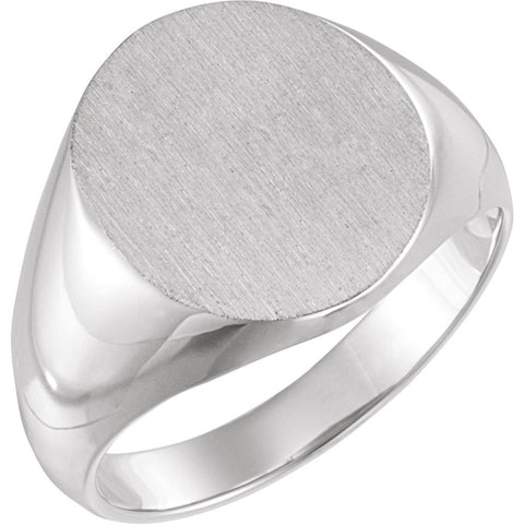 16.00X14.00 mm Men's Solid Oval Signet Ring with Brush Finished Top in 14k White Gold ( Size 10 )