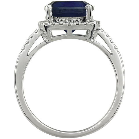 14k White Gold Created Blue Sapphire & .03 CTW Diamond Ring , Size 7