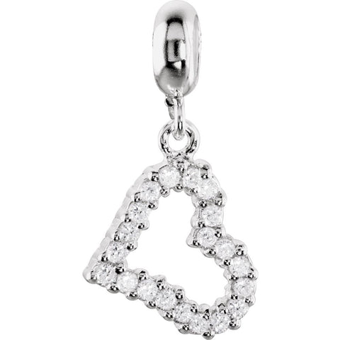 Sterling Silver 13x11.5mm Open Heart Dangle Bead with Crystals