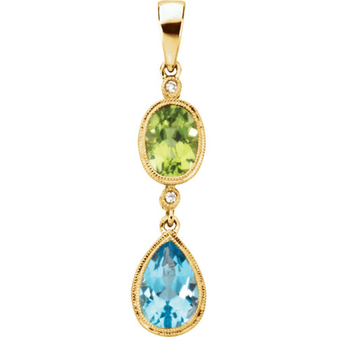 14k Yellow Gold .02 CTW Genuine Peridot, Swiss Blue Topaz & Diamond Pendant