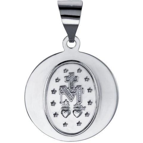 14k White Gold 15mm Hollow Round Miraculous Medal