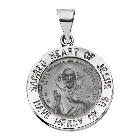 14k White Gold 18.5mm Hollow Round Sacred Heart of Jesus Medal