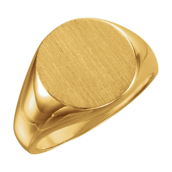 14k Yellow Gold 15mm Men's Signet Ring with Brush Finish, Size 10