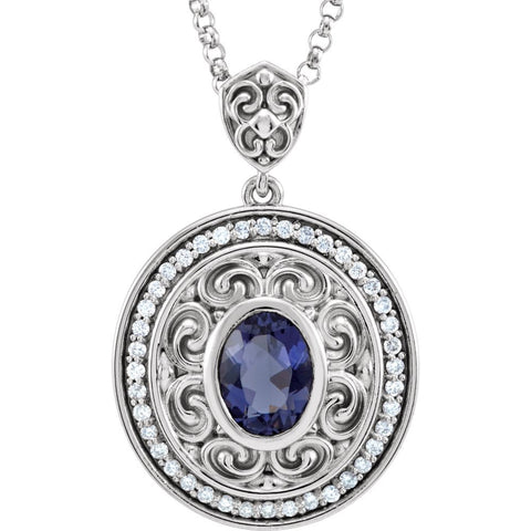 14k White Gold Iolite & 1/8 CTW Diamond 18" Necklace