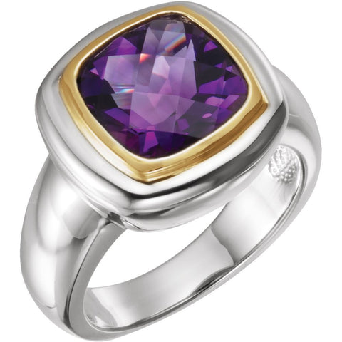 Sterling Silver & 14k Yellow Gold Checkerboard Amethyst Ring, Size 7