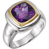 Genuine Checkerboard Amethyst Ring in Sterling Silver and 14k Yellow Gold ( Size 6 )