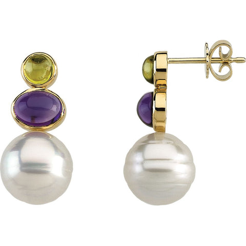 14k White Gold South Sea Cultured Circlé Pearl, Genuine Peridot & Genuine Amethyst Earrings