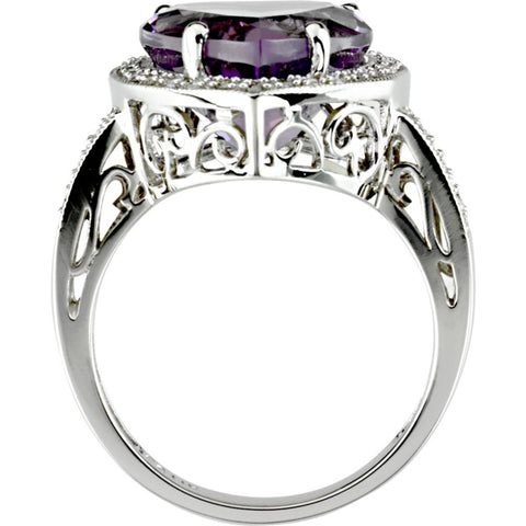 14k White Gold Amethyst & 1/6 CTW Diamond Ring, Size 7