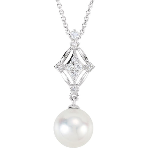 14k White Gold 1/10 CTW Diamond & Freshwater Cultured Pearl 18" Necklace